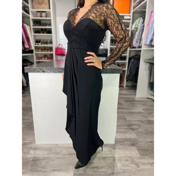Catherine Malandrino Black Lace Full Sleeved Wrap Gown $330 - Picture 5 of 11